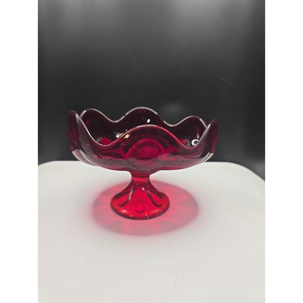 Vtg VIKING RUBY RED GLASS FLUTED COMPOTE 7" dish Candy Bowl MCM 1940s Decorative
